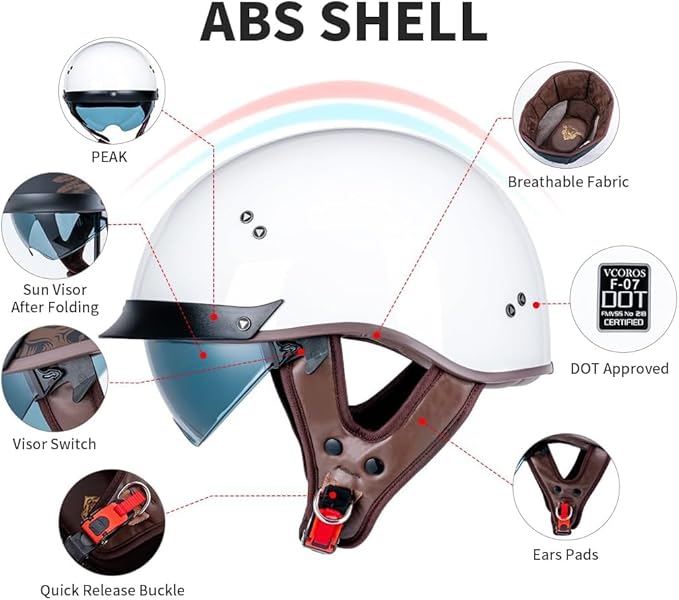 VCOROS Half Helmet Motorcycle DOT Approved Open Face Helmet with Sun Visor and Quick Release Buckle for Adults Men and Women (F07A Gloss White,L)
