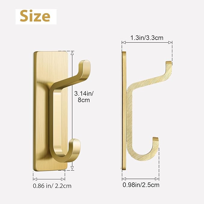 Self Adhesive Wall Hooks for Hanging: Extra Strong 13 LB, Hook for Coat, Towel in Bathrooms, Shower, Kitchen, Wall, Door Hook, Brushed Gold 4 Pack