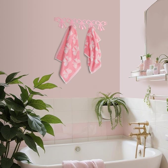 Pink Bow Over The Door Hooks Hanger Wall Mount Towel Hanger Door Holder Organizer 5 Hooks Kawaii Farmhouse Rustic Coquettish Style Decor for Bedroom Bathroom Towel Hat Clothes