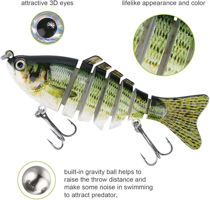 Lifelike Fishing Lures for Bass, Trout, Walleye, Predator Fish - Realistic Multi Jointed Fish Popper Swimbaits - Spinnerbaits Lure Fishing Tackle Kits - Freshwater and Saltwater Crankbaits - 3 Pack