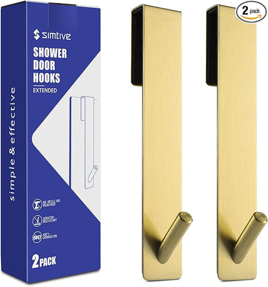 Simtive Extended Shower Door Hooks (7-Inch), Over Door Hooks for Bathroom Frameless Glass Shower Door, Towel Hooks, 2-Pack, Gold