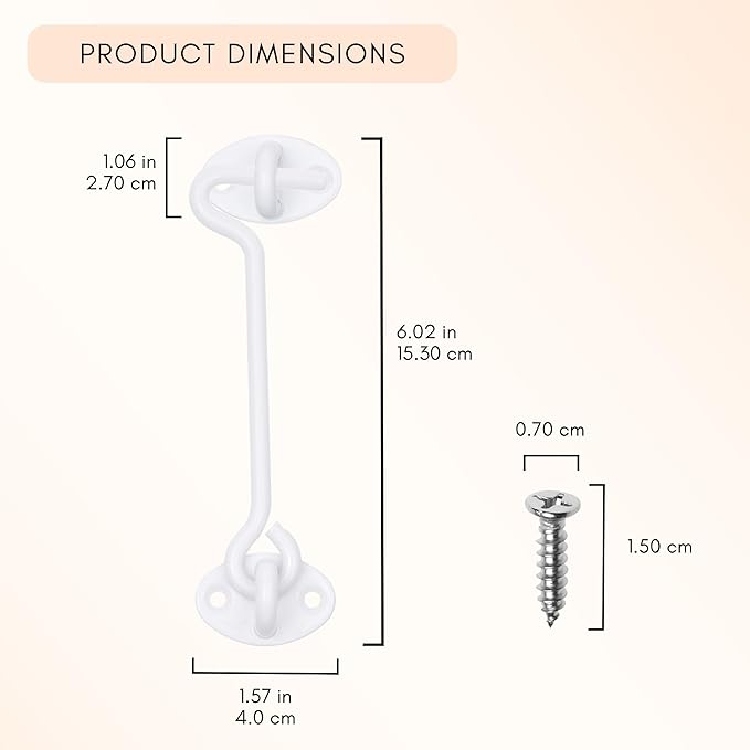 Eco-Fused 5-inch Heavy Duty Hook and Eye Latch - 1x Barn Door Lock (White), 4X Mounting Screws - Powder Coated Stainless Steel Hooks for Door, Windows, Sheds, Fences, Gates, Closets, Cabinets