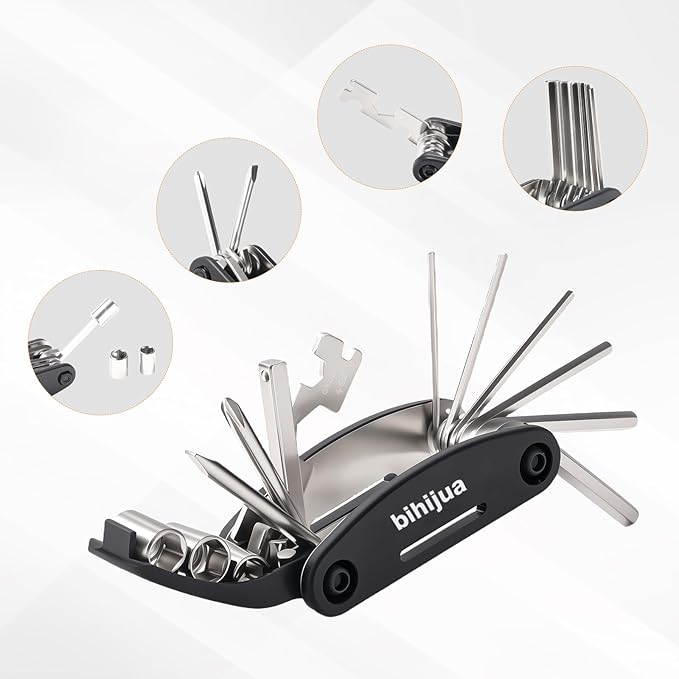 Bike Multitool 16-in-1, Bicycle Multitool, Bike Tool Kit w/Hex, Socket, Spoke Wrench + Attached 2 Tire Levers for Road Mountain Cycling Repair