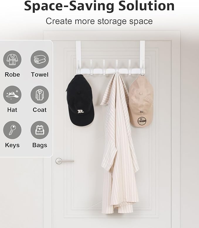 Over The Door Hooks, Door Hanger Hooks for Hanging, Over The Doors Towel Racks for Bathroom, Coat Rack Dorm Essentials (1Pack, White, Fit 1-3/4" Doors)