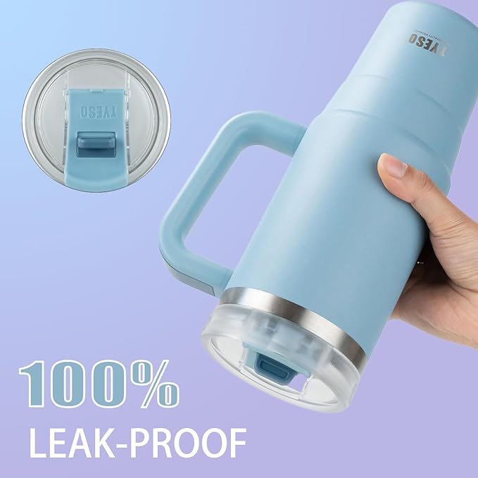 TYESO Vacuum Insulated Tumbler Water Bottle Cold Insulation Stainless Steel Bottle Straw Handle Mug Double Wall Wide Mouth (SKY BLUE, 40 oz)