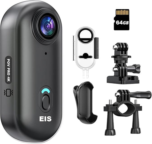 Intepoll EIS 4K 64GB Mini Body Camera, One Button POV Action Camera, Wearable Thumb Size Video Recorder with IPX7 Waterproof, Helmet Mount, Magnetic Sport DV for Bike Cycling, Pet, Vlogging(Black)