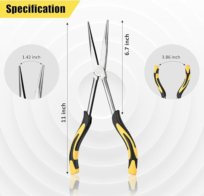 Premium Long Needle Nose Pliers-11’’, Paper Clamp Precision, Chromium-Vanadium Steel, Soft Grip with Wire Cutter, Long Nose Cutting Pliers for Home, Fishing, Jewelry, Crafts,1pcs