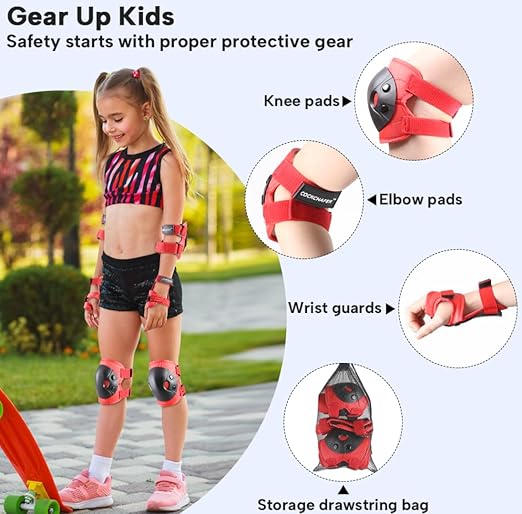 Cockchafer Kids and Youth Knee Elbow Wrist Guards Protective Gear Set for Skateboarding, Roller Skating, Inline Skating, Scooter Riding, BMX Biking (Red, Medium)