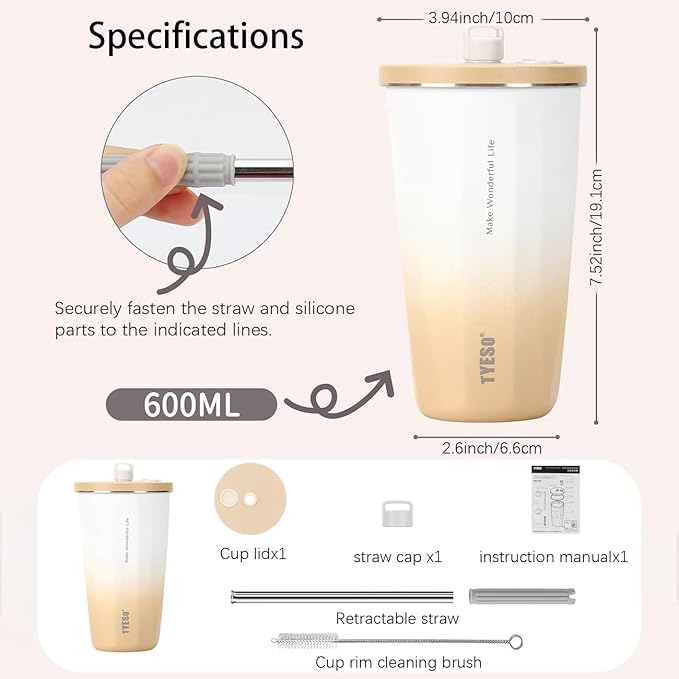 TYESO Stainless Steel Coffee Bottle, 20oz Wide Mouth Travel Coffee Cup with Straw, Vacuum Insulated Stainless Steel Tumbler, Hot & Cold Thermal Mug for Home Office Outdoor, Mocha