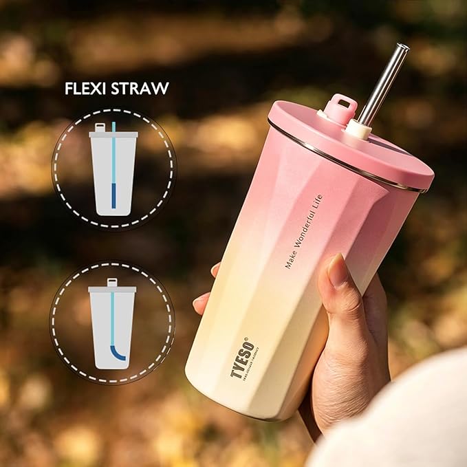TYESO Stainless Steel Coffee Bottle, 20oz Wide Mouth Travel Coffee Cup with Straw, Vacuum Insulated Stainless Steel Tumbler, Hot & Cold Thermal Mug for Home Office Outdoor, Pink