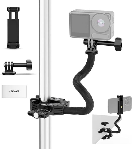 NEEWER Action Camera Mount Kit with Super Clamp, Soft Tube, Action Camera Adapter, Adjustable Holder for Flat/Round Surfaces, Compatible with GoPro Insta360 DJI Smartphone GP-26