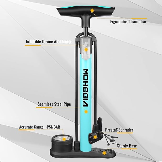 MOHEGIA Bike Floor Pump with Gauge: Air Bicycle Pump with High Pressure 160 PSI,Fits Schrader and Presta Valve -Inflator with Ball Pump Needles for MTB Road Bike, Ball, Balloon, Inflatables