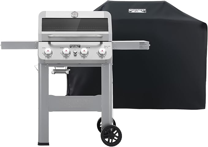 Monument Grills 4バーナー 液化石油ガスグリル シルバー ステンレス鋼製グリル パティオガーデンバーベキューグリル Clearview®蓋付き 折りたたみ式サイドシェルフ1つ付き Mesa400MF バーベキューカバー付き