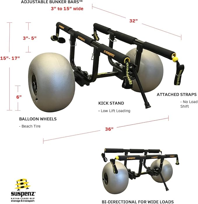 Suspenz Fishing Kayak Beach Sand Cart Trolley | Heavy Duty Canoe Carrier Trailer with Adjustable Bi-Directional Bunker Bars and Balloon Wheels | Catch-All Universal Beach Cart (22-9910)