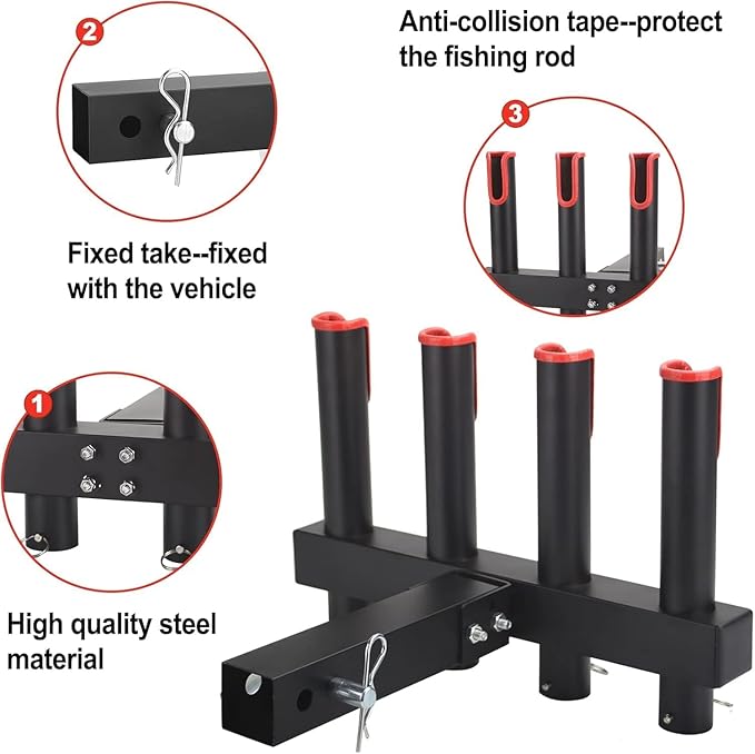 Hitch Fishing Rod Holder for Truck, 4/6-Tube Stainless Steel Rod Rack Fits 2 " Hitch Receiver, with Quick Release Pin, Reflective Safety Strips
