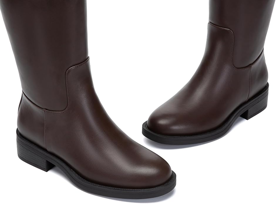Athlefit Women's Knee High Riding Boots Round Toe Low Heel Tall Boots Pull On Long Booties with Buckle