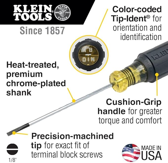 Klein Tools 612-4 Screwdriver, Made in USA, Flat Head Terminal Block Screwdriver, 1/8-Inch Cabinet Tip, 4-Inch Round Shank, TB-DIN