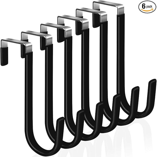 6 Pack Over The Door Hooks, Door Hangers Hooks, Soft Rubber Surface Prevents Scratches, Heavy Duty Door Hooks for Bathroom, Living Room, Kitchen Hanging Clothes, Towels, Hats, Black