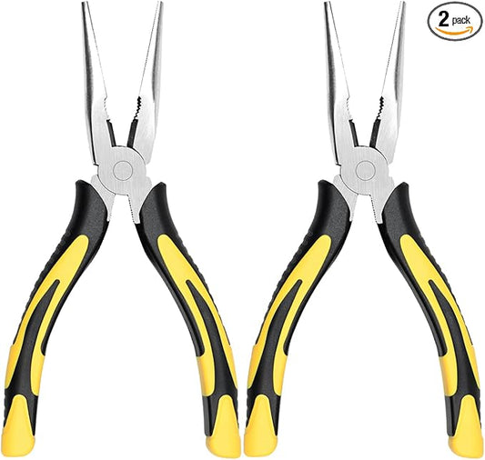 Premium Long Needle Nose Pliers-8’’, Paper Clamp Precision, High Carbon Steel, Soft Grip with Wire Cutter, Long Nose Cutting Pliers for Home, Fishing, Jewelry, Crafts,2pcs