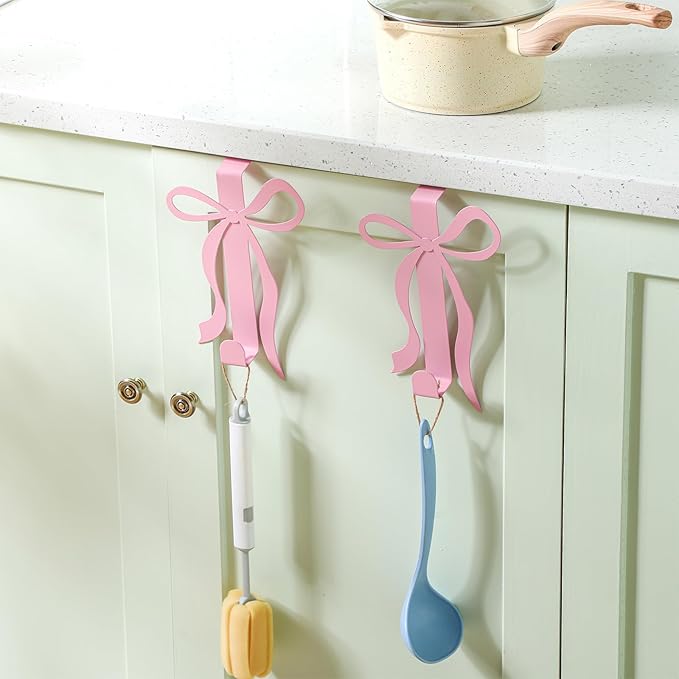 Chunful 2 Pack Bow Over The Door Hook, Metal Strong Door Hanger Hook Coquette Room Decor Bow Accessories for Cabinet Living Room Bathroom Bedroom Kitchen Hanging Clothes Towels Hats Coats Bags (Pink)