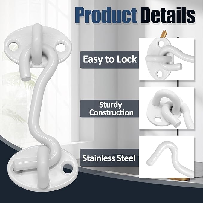 Biaungdo Heavy Duty Hook and Eye Latch, 3 Inch White Privacy Hook Barn Door Lock Easy Lock, Stainless Steel Gate Latch for Doors/Windows/Sheds/Gates/Fences/Closets/Cabinets, 1 Pack