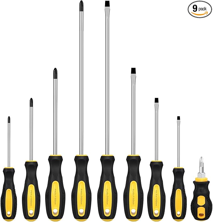 9pcs Magnetic Screwdrivers Set, Including 12in Phillips and Slotted Screwdrivers, with Non-Slip Cushioned Handle Grip