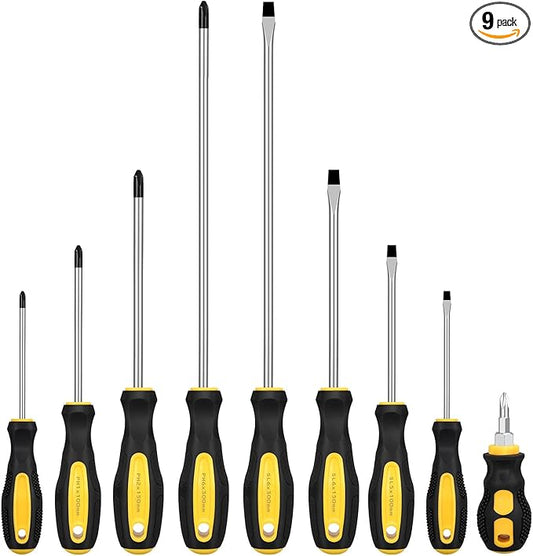 9pcs Magnetic Screwdrivers Set, Including 12in Phillips and Slotted Screwdrivers, with Non-Slip Cushioned Handle Grip