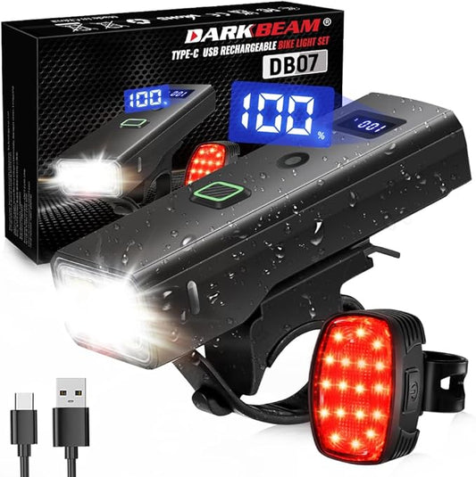 DARKBEAM Bike Lights for Night Riding, USB-C Rechargeable Bicycle Lights Set, Super Bright Bike Headlight and Back Tail Light 4+5 Modes, Easy to Install for Men Women Kids Road Mountain Cycling