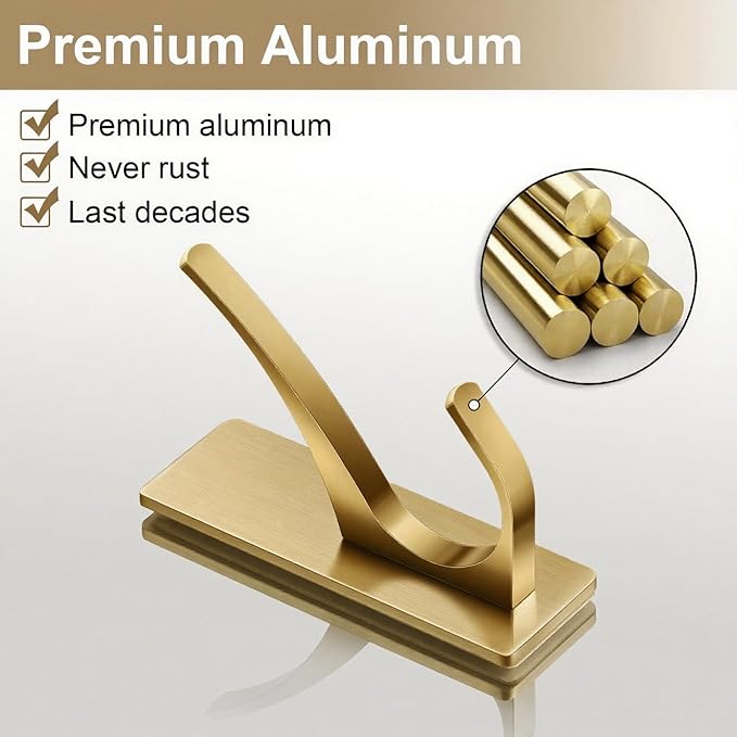 Gold Self Adhesive Towel Hooks, Extra Sticky and Strong 10LB, Stainless Hook for Bathroom, 4 Pack