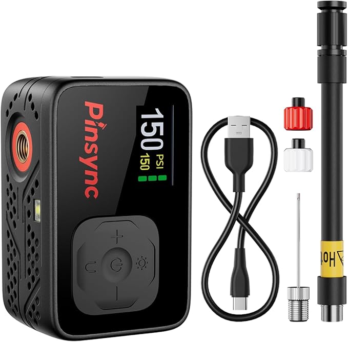 Mini Electric Bike Pump, 17S Fast Inflate 150PSI Portable Tire Pump with Digital Auto Stop, Presta & Schrader Valve Compatible for Road Bike, MTB, E-Bike