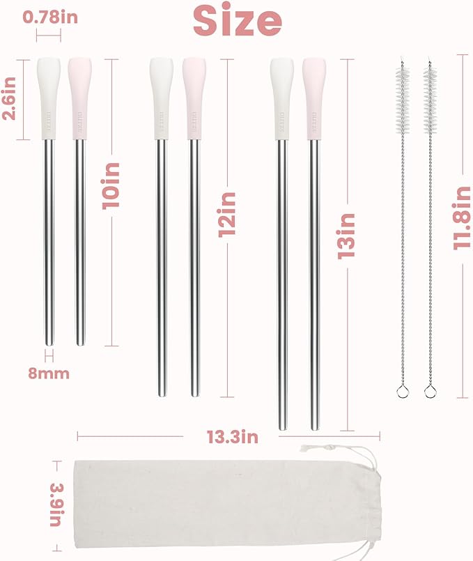 OUTXE Anti Wrinkle Straw 6 Pcs, Flat Wide Drinking Straw for Stanley& Yeti& Owala, Reusable Wrinkle Free Long Stainless Steel Metal Straw for Lip with Cleaning Brush and Carrying Bag