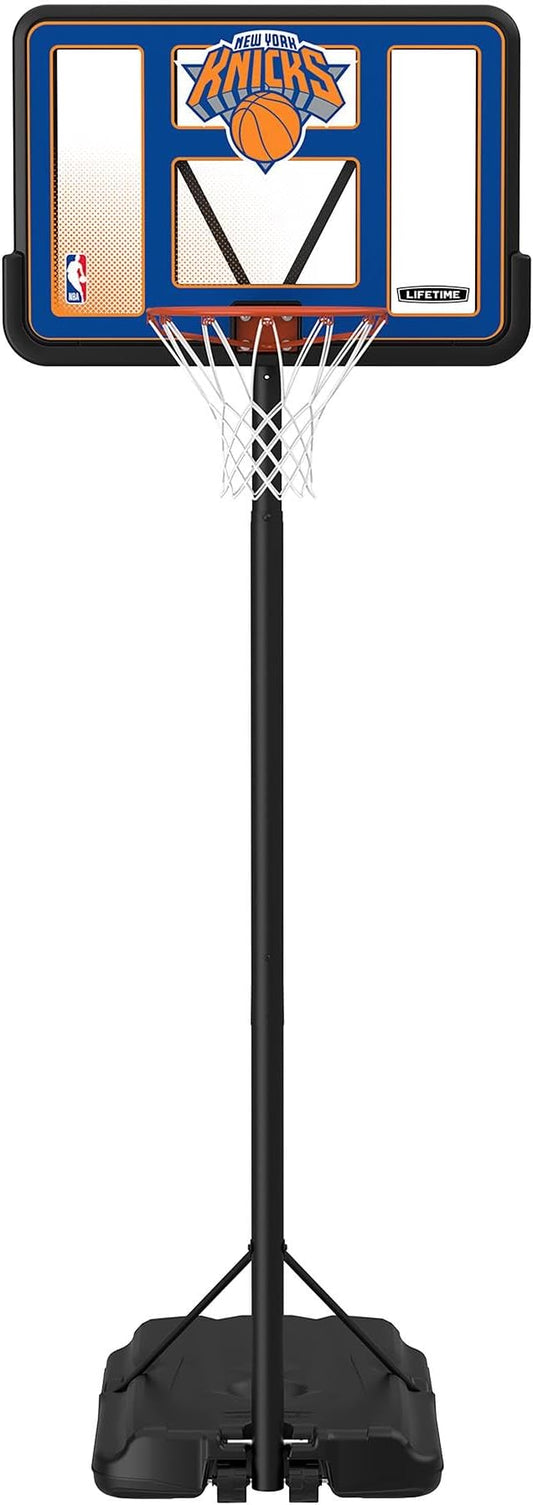 Lifetime NBA New York Knicks Portable Basketball Hoop, Adjustable Height 7.5-10 Ft, 44 Inch Shatterproof Fusion Backboard, Base with Wheels