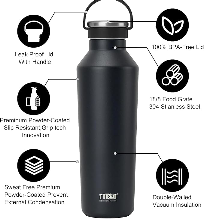 TYESO Stainless Steel Vacuum Insulated Water Bottle, Insulated Water Bottle with Soft Silicone Carry Handle (BLACK, 17 OZ)