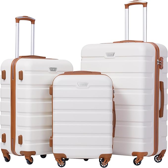 Coolife Luggage 3 Piece Set Suitcase Spinner Hardshell Lightweight TSA Lock (apricot white,20/24/28)