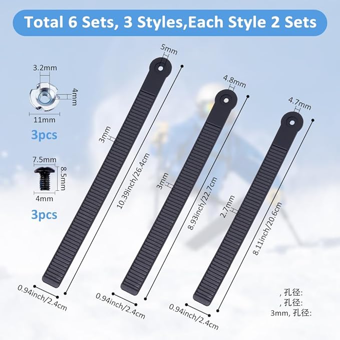 SUPERFINDINGS 6 Sets 3 Sizes Snowboard Binding Straps Replacement 206/227/264mm PVC Elastic Strap-in Snowboarding Bindings for Snowboard Binding Replacement