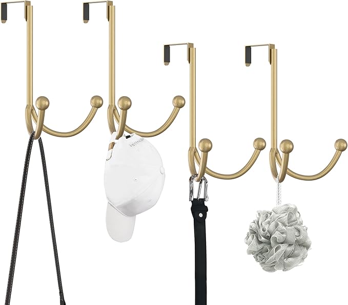 HFHOME 4 Packs Over The Door Double Hanger Hooks, Metal Twin Hooks Organizer for Hanging Coats, Hats, Robes, Towels- Gold