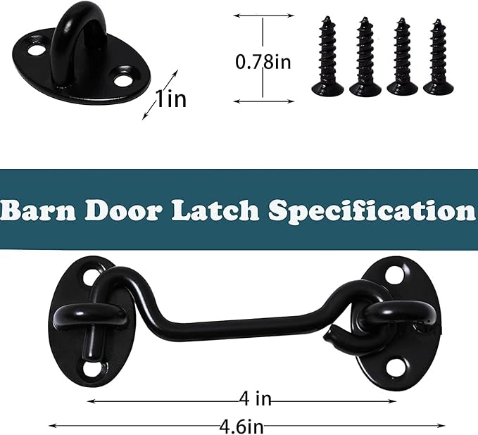4" Barn Door Latch Door Lock Hardware, Sliding Door Lock Eye Hook Latch with Screws, Rust-Resistant Metal Gate Latch(2 Pack)