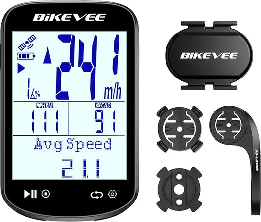 Wireless Bike Computer GPS Bundle, Speedometer & Odometer, Cadence Sensor, Auto Backlight & Auto Stop, IPX7 Waterproof, 2.6" LCD Display