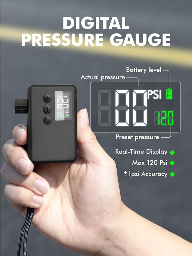 GPUTEK Mini Bike Tire Air Pump: Fast Inflate Portable Small Bicycle Electric Pump for Presta and Schrader Valves, 120 Psi High Pressure Pump with Digital Gauge for Road Bike, Mountain Bike, E-Bike