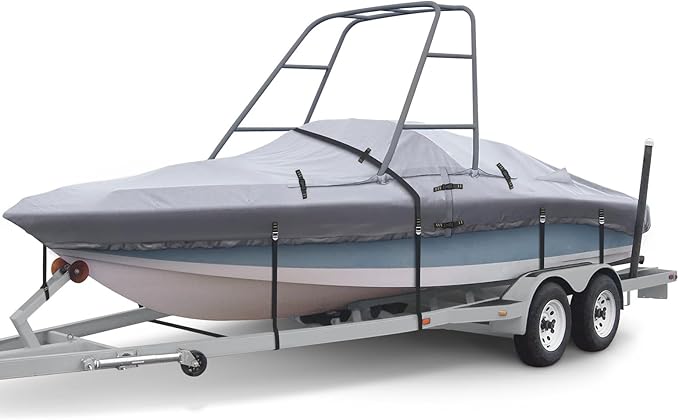 Ski & Wakeboard Tower Boat Cover 17-19ft for Wake Tower, 900D Marine-Grade Heavy Duty Boat Cover with Reinforced Stitching, All-Season Waterproof Boat Wrap for Winter, Fits Up to 102" Beam