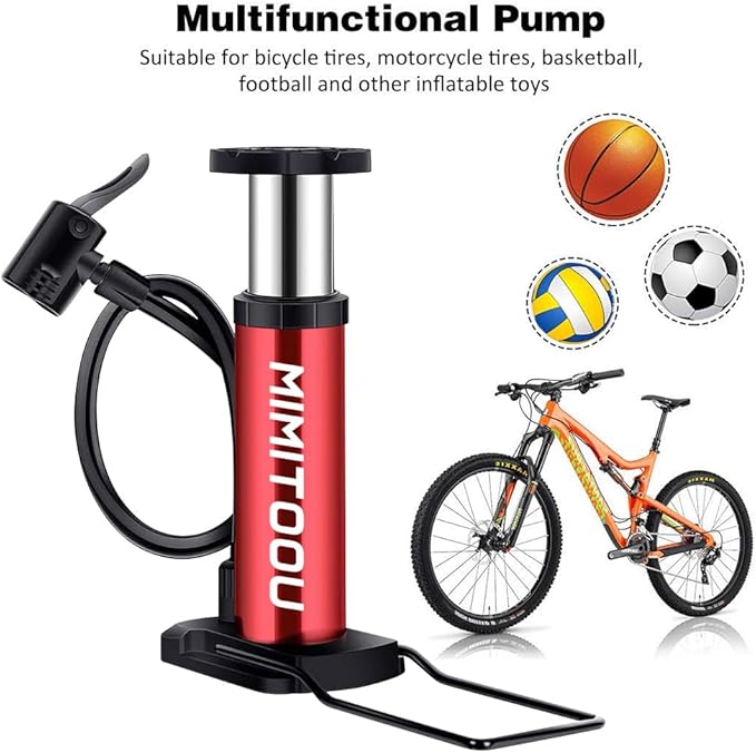Bike Pump, Mini Bicycle Pump Portable Bike Floor Pump with Presta and Schrader Valves Aluminum Alloy Floor Bicycle Air Pump Compact Mini Bike Tire Pump, Extra Valve and Gas Needle for All Bike