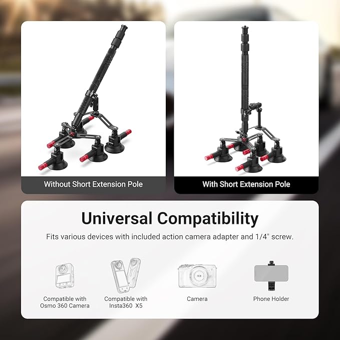 NEEWER 5 in 1 Suction Car Mount Kit Compatible with Insta 360 X5 X4 X3 Insta360 X2 GoPro Max DJI OSMO 360 Action Camera Accessories, Quick Release with Invisible Selfie Stick for Windshield, CA075