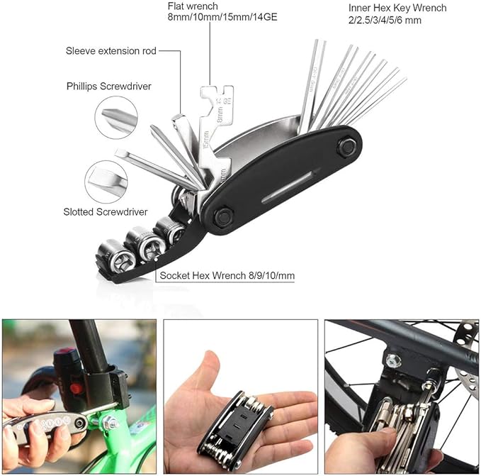 Multi-Function Bike Bicycle Cycling Mechanic Repair Tool Kits with 16-in-1, Bicycle Saddle Bag, Mini Bike Pump 120 PSI & Glue-Less Puncture Kit, Mechanic Portable Tools Bag with All in one