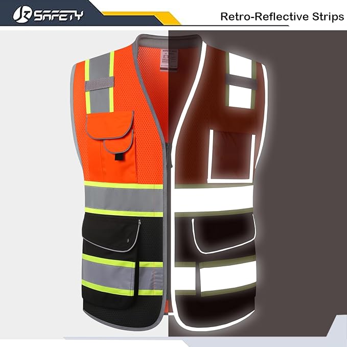 JKSafety 9 Pockets Hi-Vis Safety Vest High Visibility Reflecitive Mesh Safety Vests for Men and Women Cushioned Collar Work Utility PPE Work Gear ANSI/ISEA compliant Class 2 (101-OBlk L)