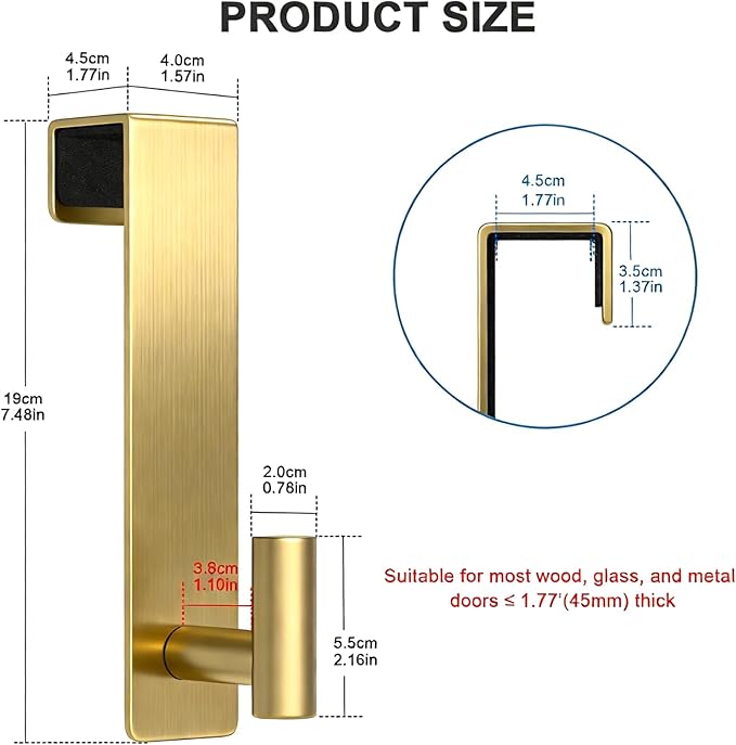 PMMASTO 2-Pack Over The Door Hooks - Rustproof Stainless Steel Door Hangers for 1-3/4 Inch Doors, Non-Marking and Tool-Free Easy Install (Gold, T Shape-Fits 1-3/4" Thick Door)