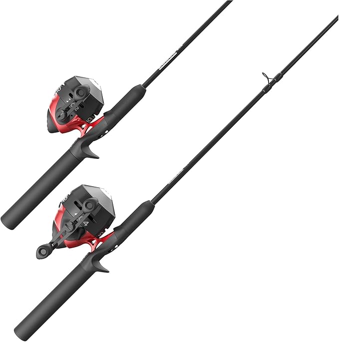 Zebco 202 & 404 スピンキャストリールと釣り竿コンボ（2個パック）、5フィート6インチ 2ピース釣り竿、サイズ30と40リール、右巻き、10ポンドと15ポンドのケイジャンラインがプリスプール済み、ブラック/レッド