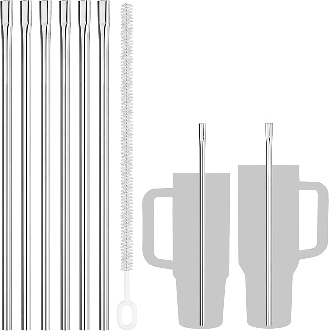 NiHome 6PCS 12" Anti-Wrinkle Flat Tip Reusable Stainless Steel Straws for Stanley 30oz 40oz Tumblers, Wrinkle Free Metal Drinking Straws Lip-Friendly for Iced Coffee, Water (Silver, 6 Straight)