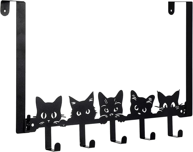 Cat Over The Door Hooks Hanger Wall Mount Towel Hanger Door Holder Organizer 5 Hooks Kawaii Farmhouse Rustic Coquettish Style Decor for Bedroom Bathroom Towel Hat Clothes