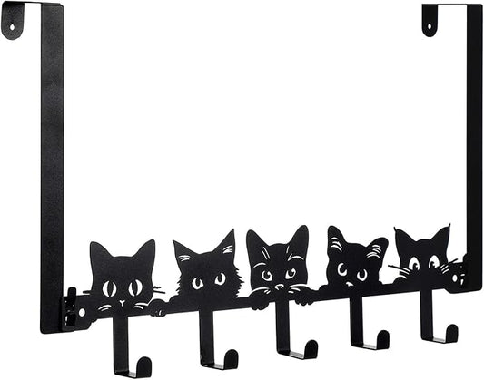Cat Over The Door Hooks Hanger Wall Mount Towel Hanger Door Holder Organizer 5 Hooks Kawaii Farmhouse Rustic Coquettish Style Decor for Bedroom Bathroom Towel Hat Clothes