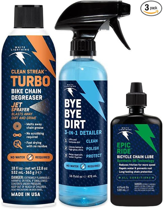 White Lightning Wet Weather Bike Care Kit – Complete Bicycle Cleaning and Maintenance System with Epic Ride All-Conditions Chain Lube, Clean Streak Degreaser, and Bye Bye Dirt 3-in-1 Detailer
